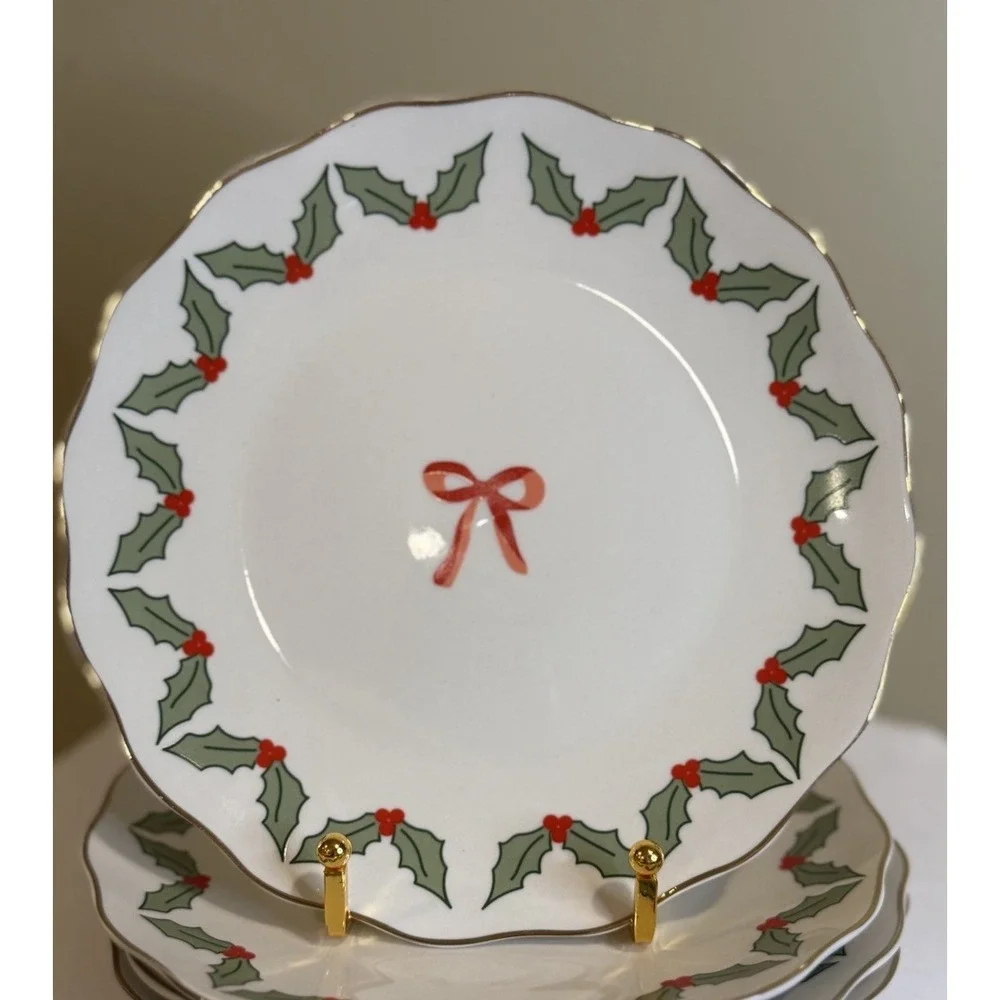 Godinger Set-4 Christmas Salad/Dessert Holly And Red Bow App Plates‎ Rare